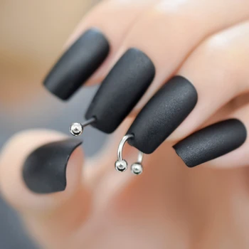 Черные накладные ногти в стиле панк Металлический винт Revit Ring Классный дизайн ручной работы Матовые однотонные типсы для ногтей