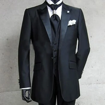 Черные официальные свадебные смокинги для жениха, Новый деловой мужской костюм с остроконечным лацканом, сшитый на заказ из трех частей (куртка + брюки + жилет)