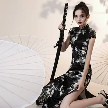 Черный Чонсам 2023 Новая улучшенная китайская мода Молодежный стиль Длинное элегантное платье Женское Весна и лето