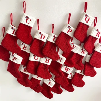Чулок с рождественским алфавитом 2024 года, декоративные вязаные носки, украшения для Рождественской елки, подарочный пакет для конфет, декор для домашней семейной вечеринки