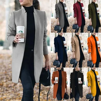 Элегантное шерстяное пальто для женщин, уличная одежда с длинным рукавом, модные куртки, однотонное тонкое пальто с круглым вырезом, новинка 2023 года, осенне-зимнее пальто