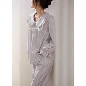 Элегантный полосатый женский пижамный костюм весенних и осенних моделей из хлопка с длинными рукавами в корейском стиле, милая повседневная модная пижама, домашняя одежда